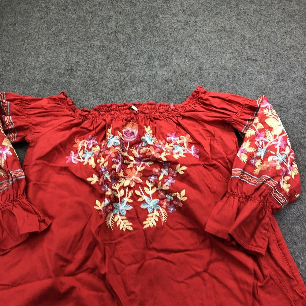 Free People Dress Womens Medium Red Embroidered Off Shoulder Boho Long Sleeve